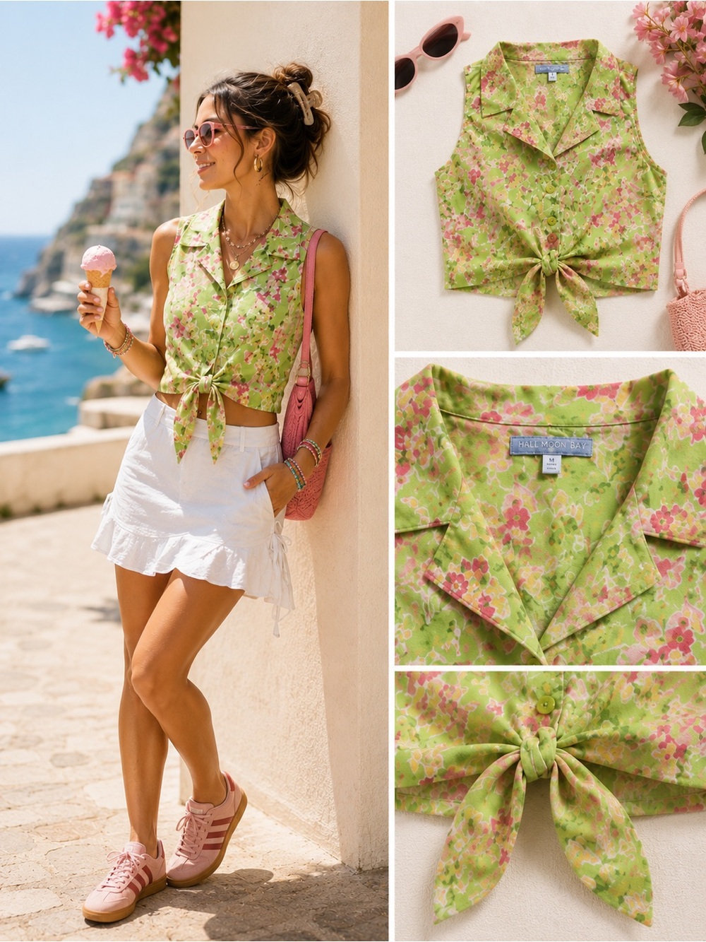 Half Moon Bay Floral Tie Front Crop Top M Green Pink Cotton